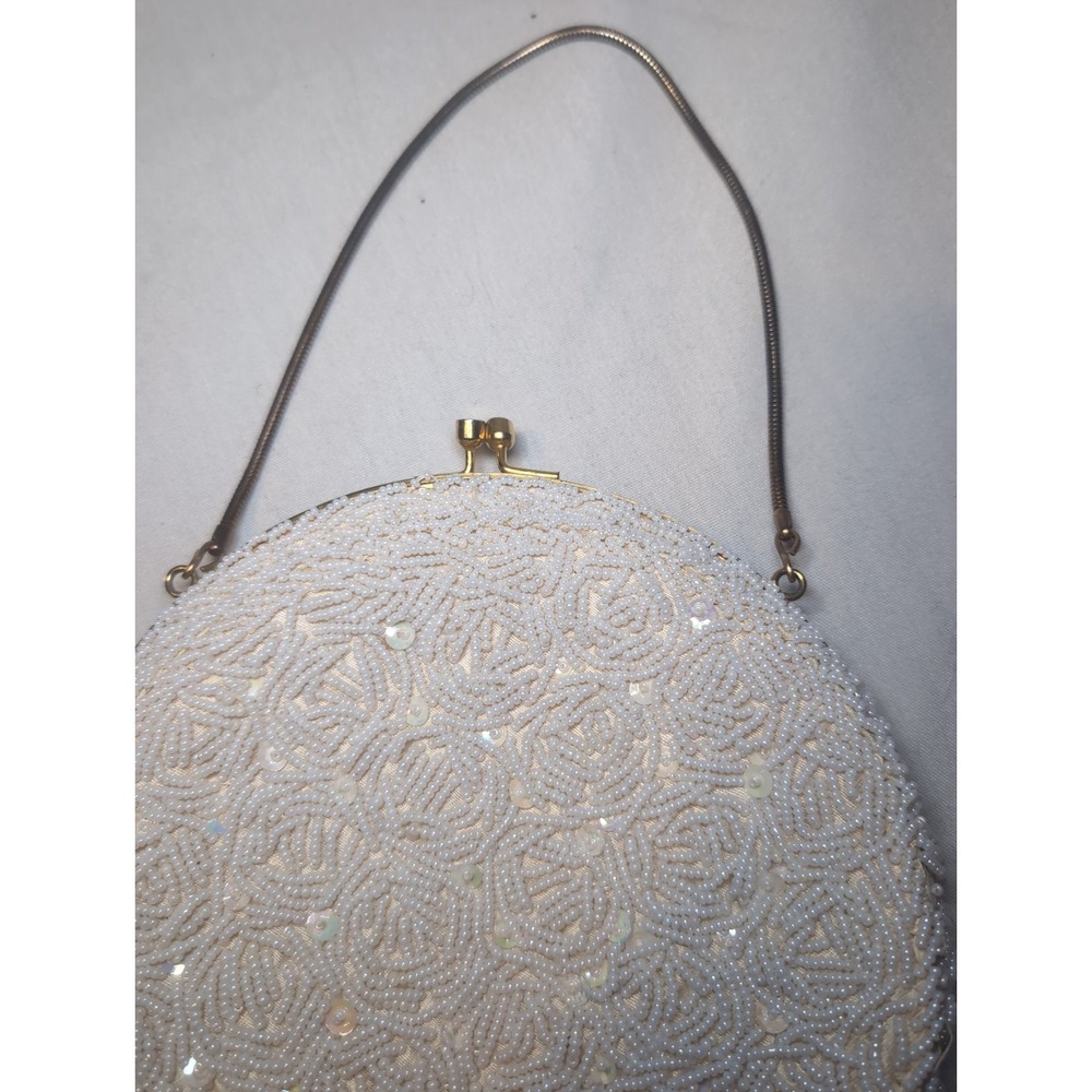 Vintage White Hand-Beaded Clutch Evening Bag W/ Clasp Handmade in Hong Kong 7" - Picture 7 of 11